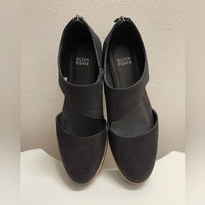 Eileen Fisher Tumbled Nubuck Black Leather Wedge Sandals Size 8